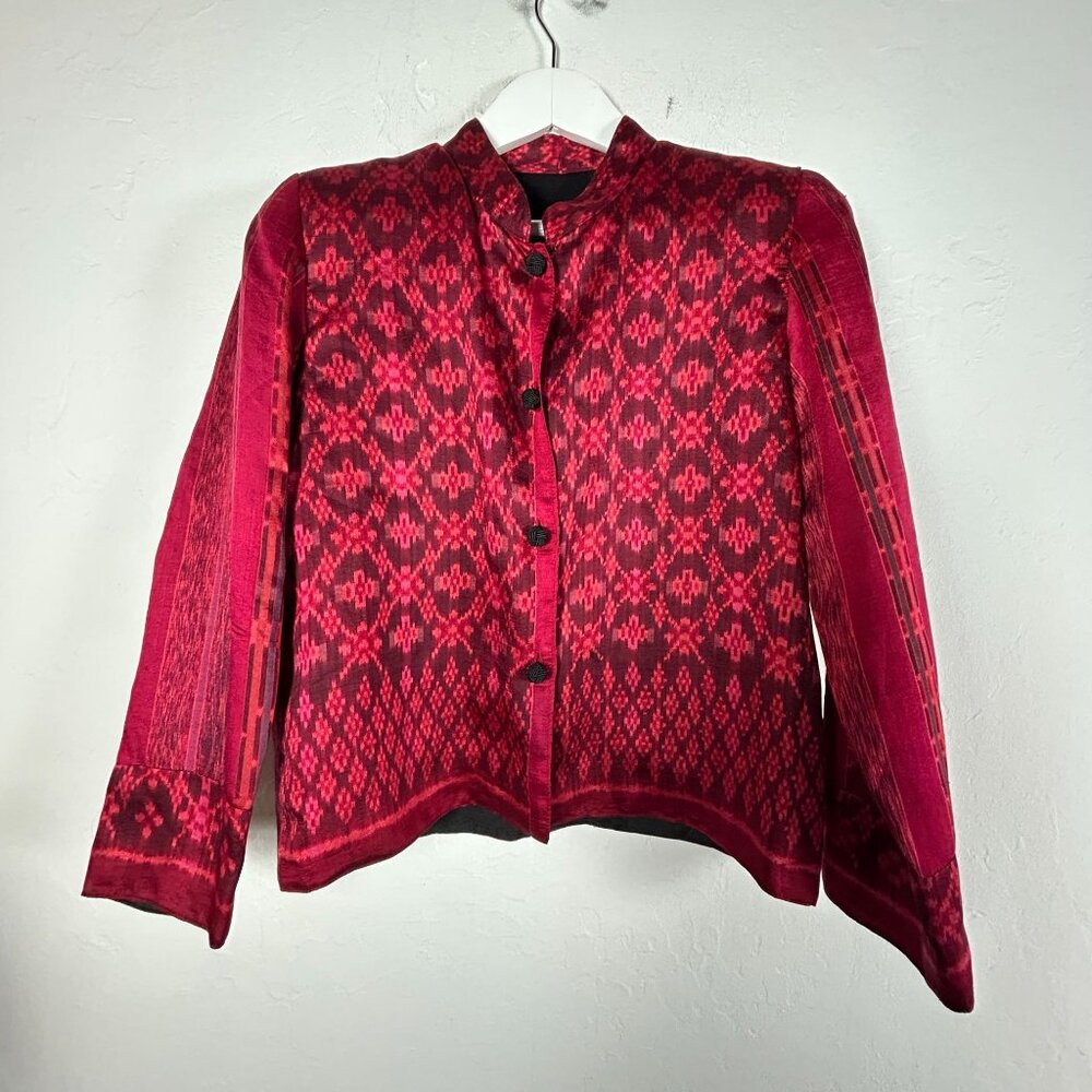 Vintage Womens Red Ikat Print Button-Front Jacket Mandarin Collar Lightweight